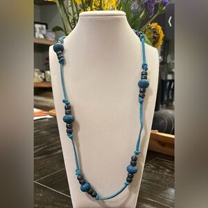 Elegant Blue and Black Beaded and Leather Necklace